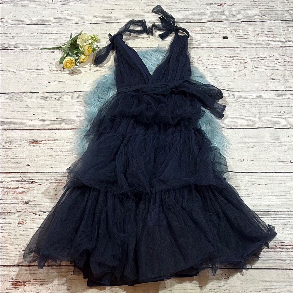 NWOT Lulus Flawless Arrival Navy Blue Tulle Tie-Strap Tiered Maxi Dress - Picture 3 of 8
